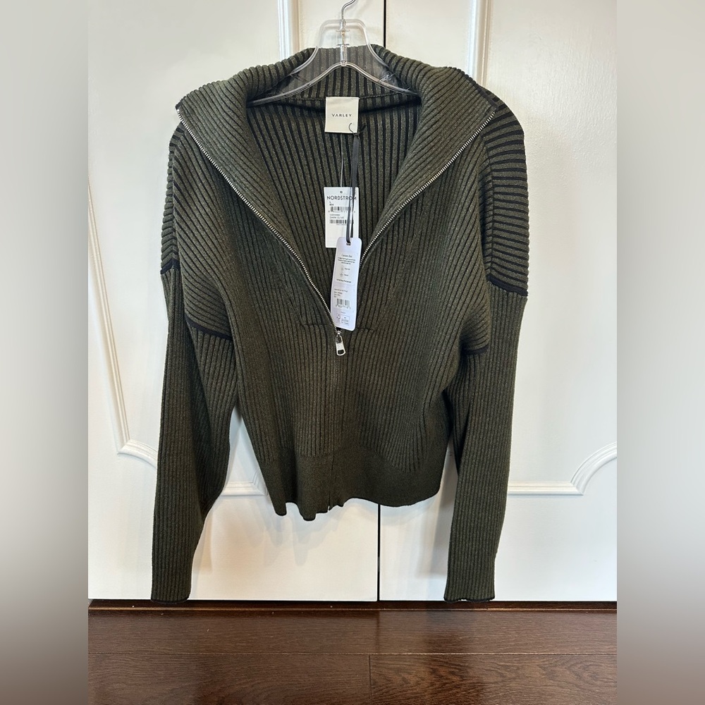 NWT Varley large Carmen Rib Knit Zip-up Dark Olive Cardigan Sweater - Picture 2 of 5